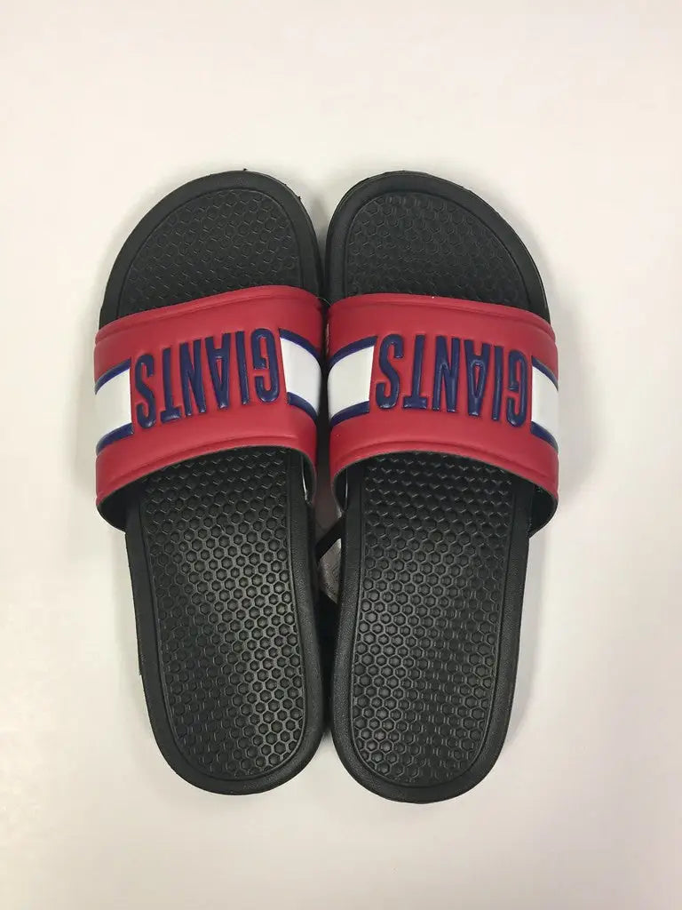 Black and red slide flip flop sandals with GIANTS logo display for New York Giants fans