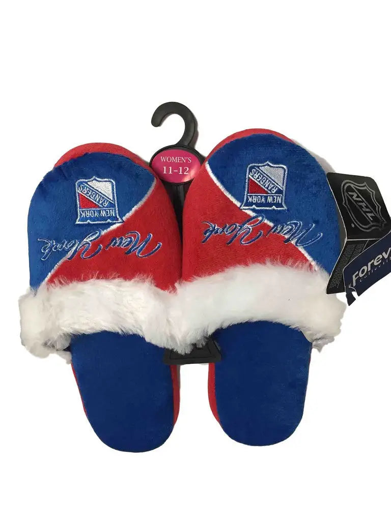 New York Rangers Women’s Cursive Colorblock Slippers with Santa Hat Design in shoe size options