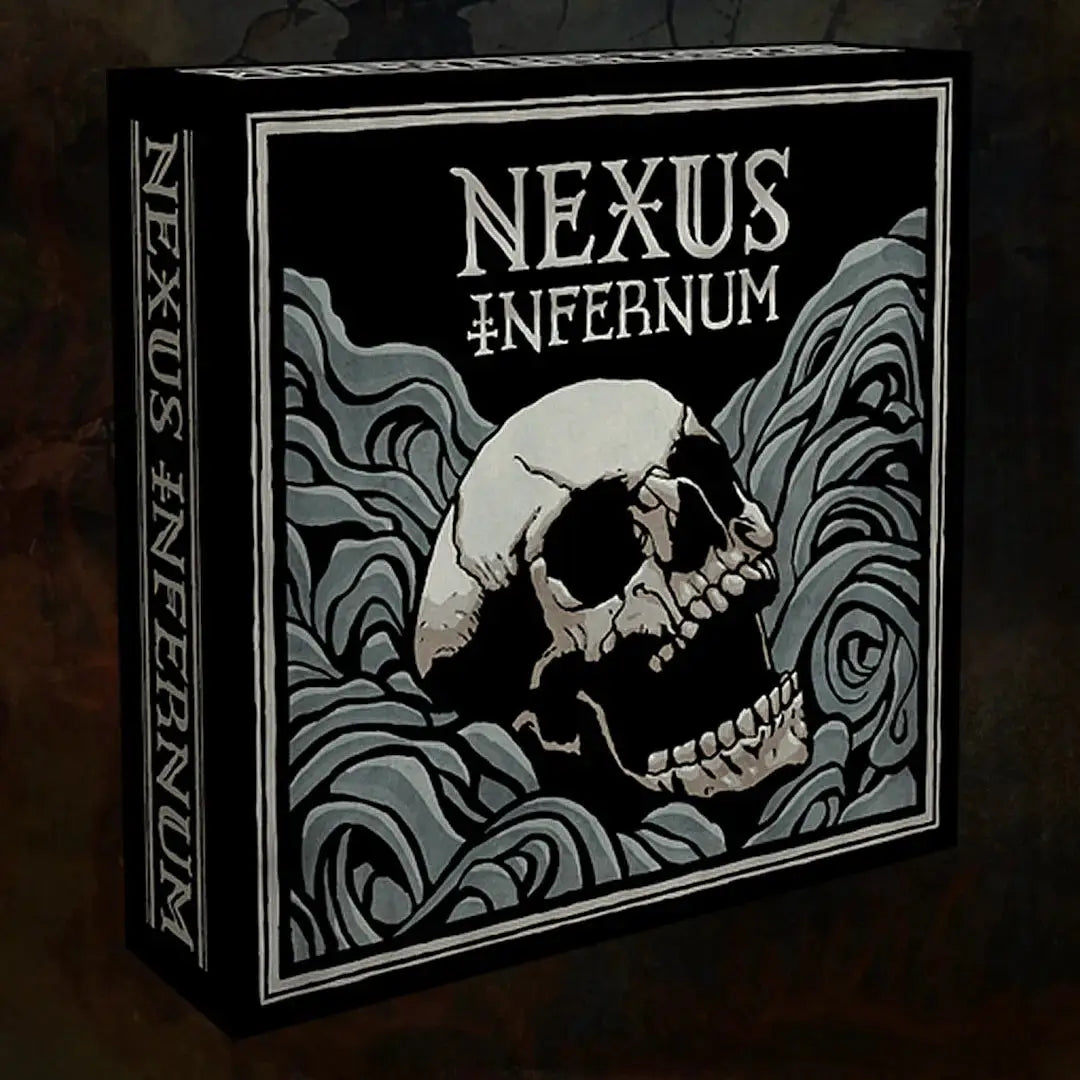 Black and white Nexus Infernum board game box with skull design, ideal for trading cards