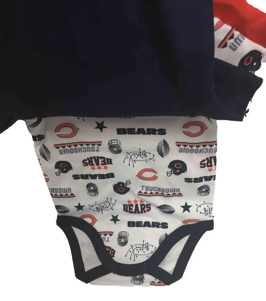 Baby onesie featuring NFL Chicago Bears logos in a 3 pack bodysuit set