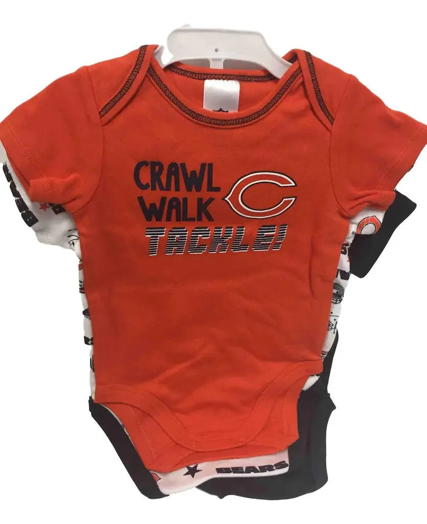 Orange NFL Chicago Bears infant onesie with CRAWL WALK TACKLE text and logo design