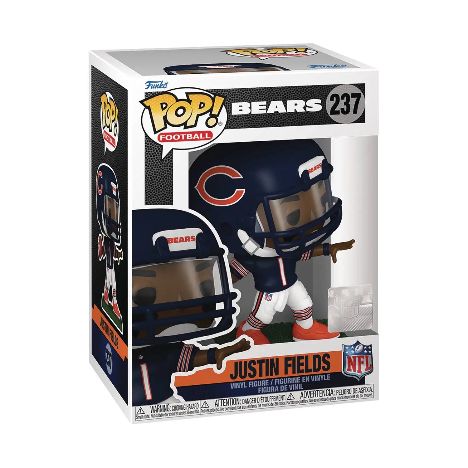 Justin Fields Funko Pop NFL Chicago Bears player figurine in navy and orange uniform