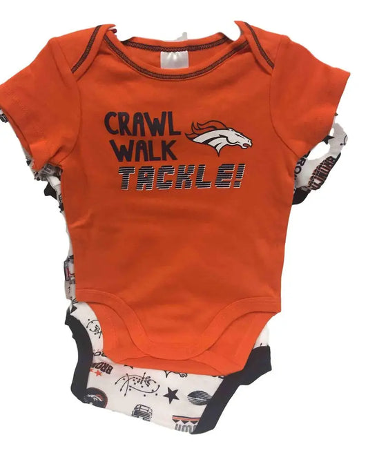 Orange NFL Denver Broncos infant onesie featuring CRAWL WALK TACKLE text and logo