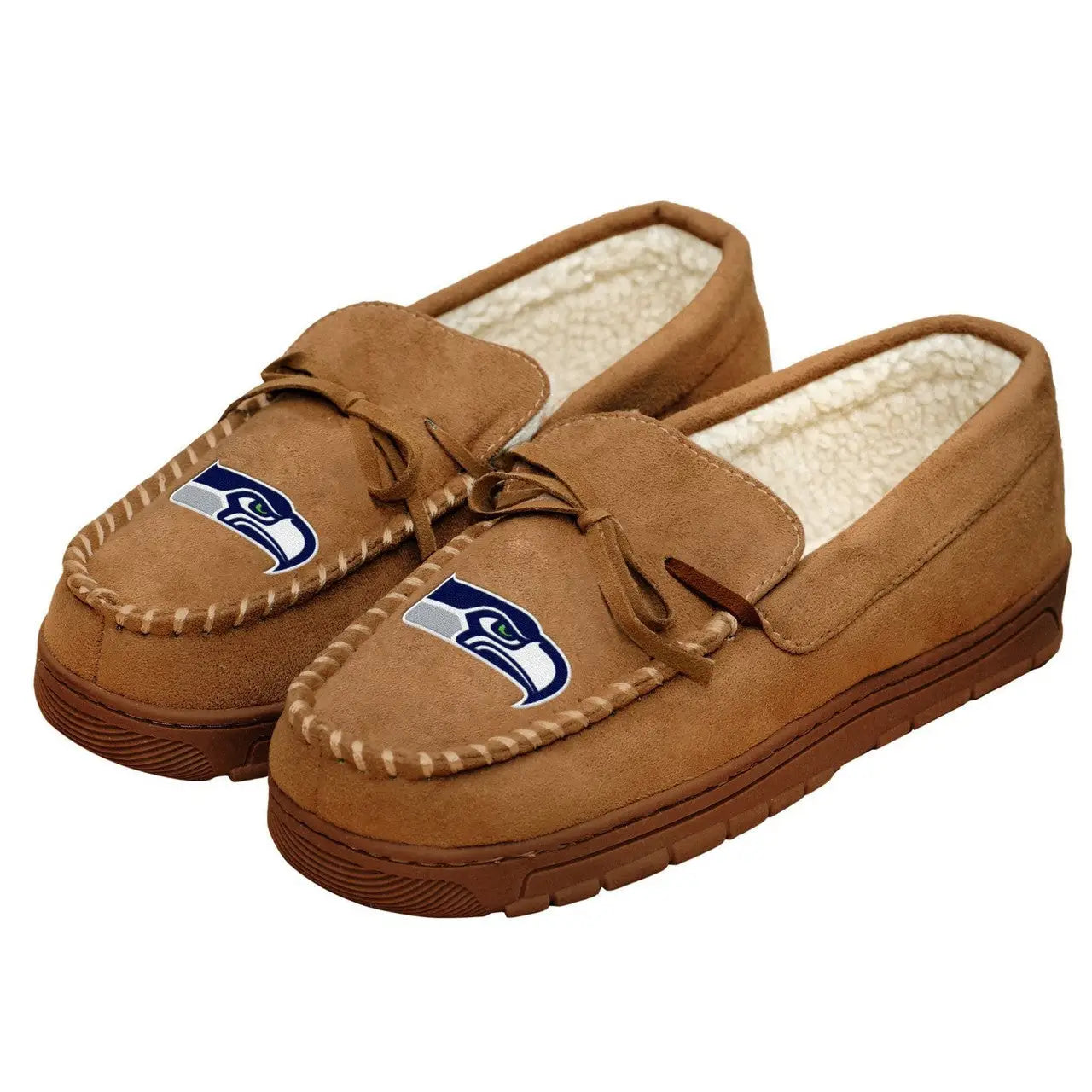 Tan Moccasin Slippers with Seattle Seahawks Team Logo, available in various shoe sizes