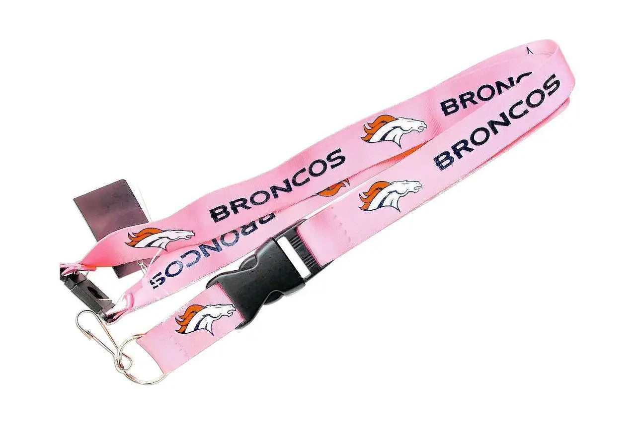 Pink lanyard featuring Denver Broncos logo, perfect for NFL fans and trading cards