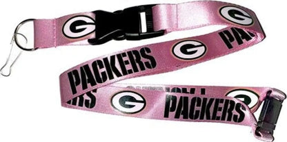 Pink lanyard with Green Bay Packers logo perfect for trading cards and baseball cards