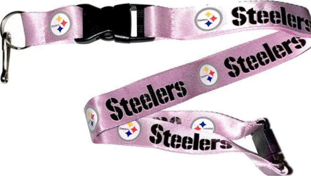 Pink lanyard featuring Pittsburgh Steelers logo, ideal for trading cards and baseball cards