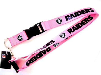 Pink NFL Raiders lanyard with black text, perfect for trading cards or baseball cards