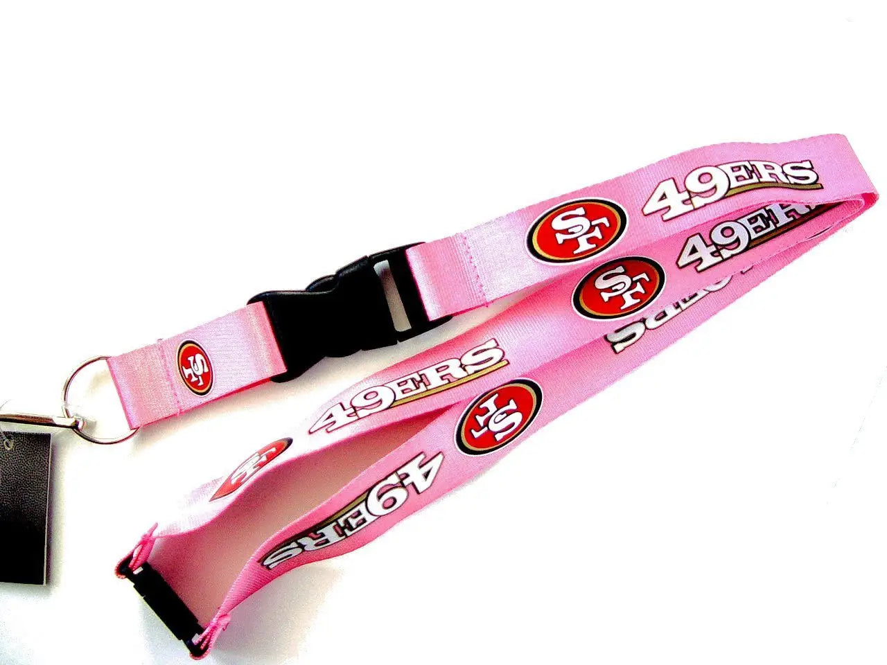 Pink lanyard featuring San Francisco 49ers logos for NFL fans and card collectors