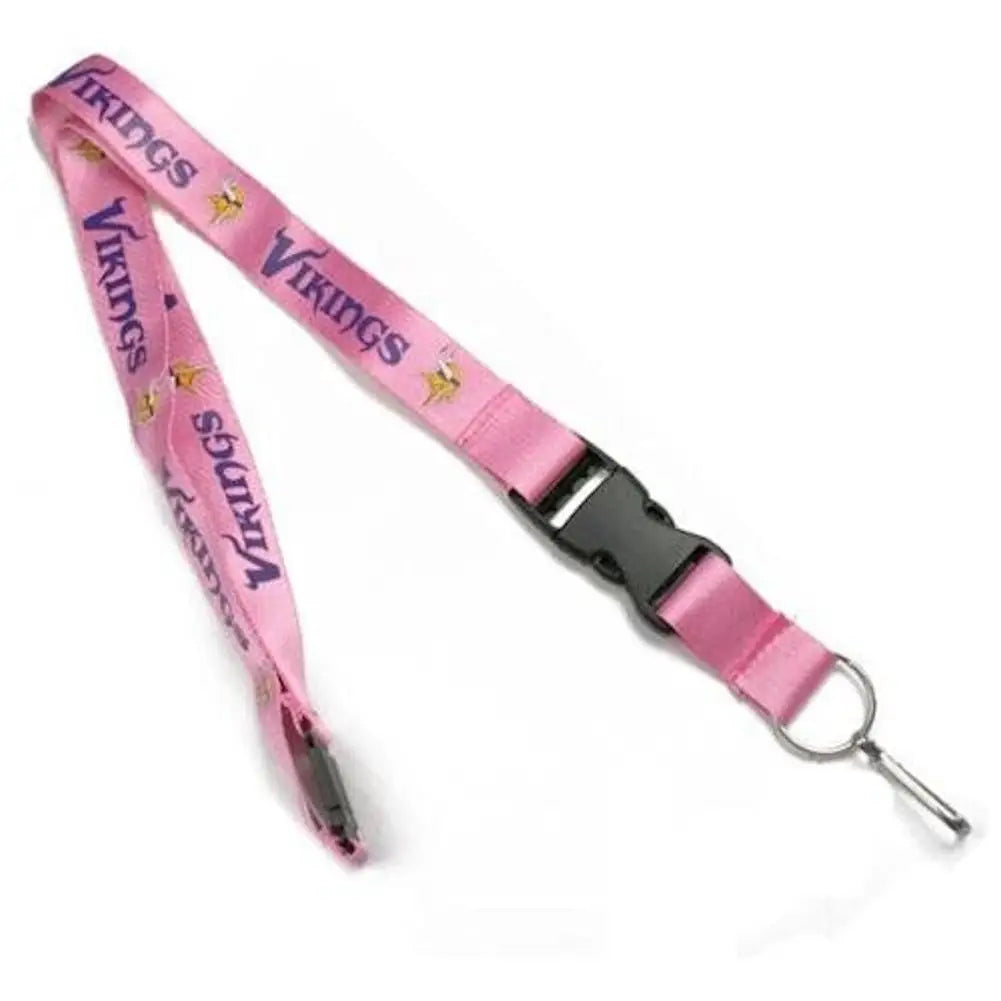 Pink lanyard featuring Vikings text and stars for NFL team fans and trading cards