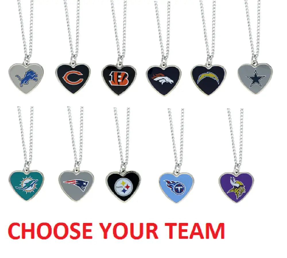 NFL team logo heart pendants on silver chains for fans to show their team spirit