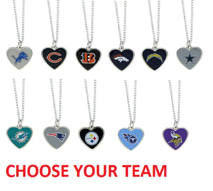 NFL team logo heart pendants on silver chains for fans to show their team spirit