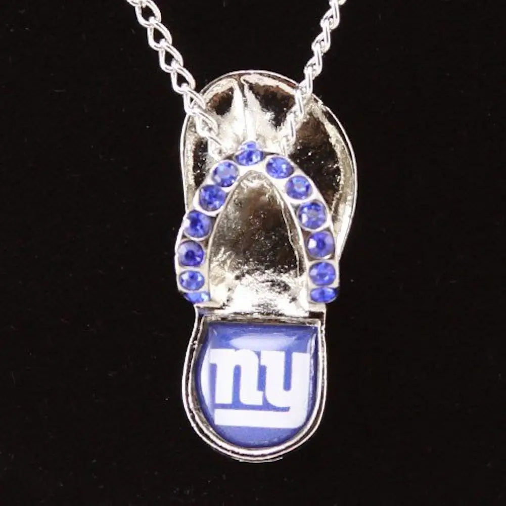 NFL crystal flip flop necklace with NY Giants logo and blue gemstones for fans