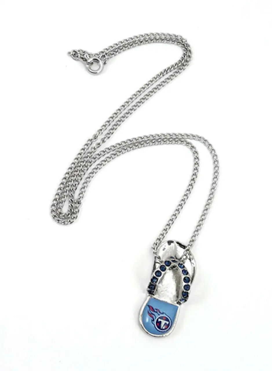 Silver flip flop necklace with blue padlock pendant and rhinestones, NFL team logo