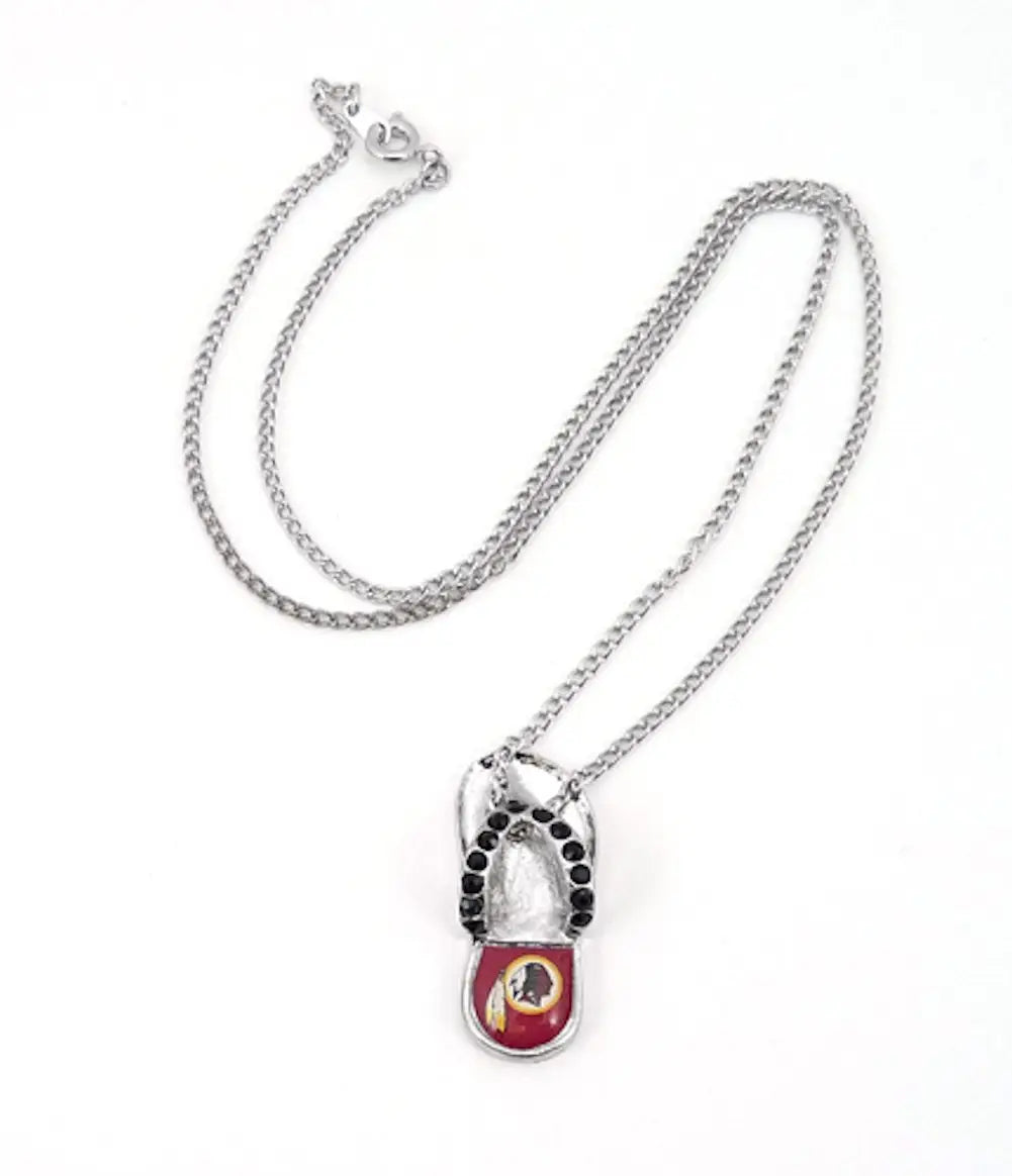 Silver necklace with a crystal flip flop pendant in red and black, NFL team logo design