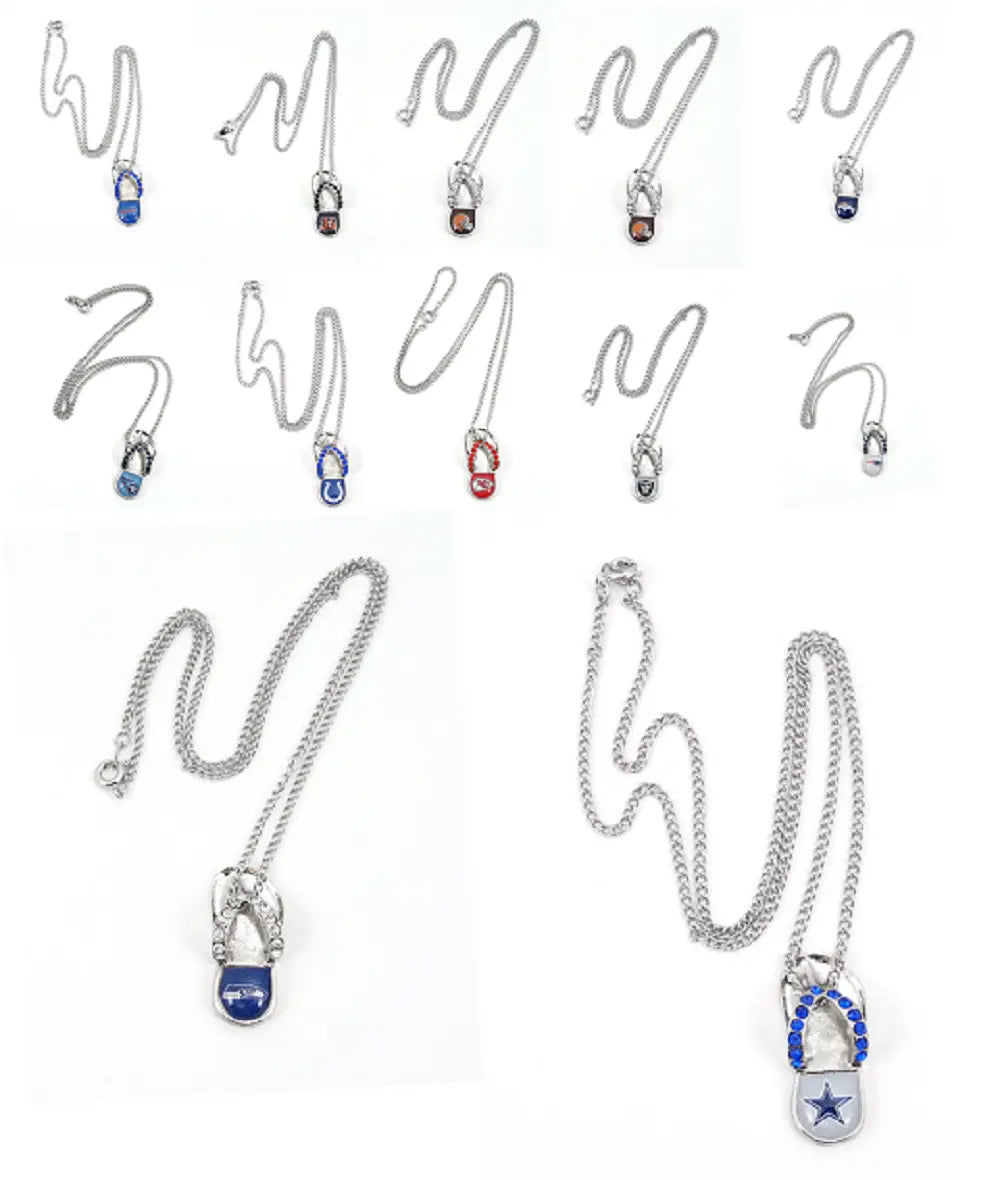 Collection of colorful crystal flip flop necklaces with NFL team logo pendants