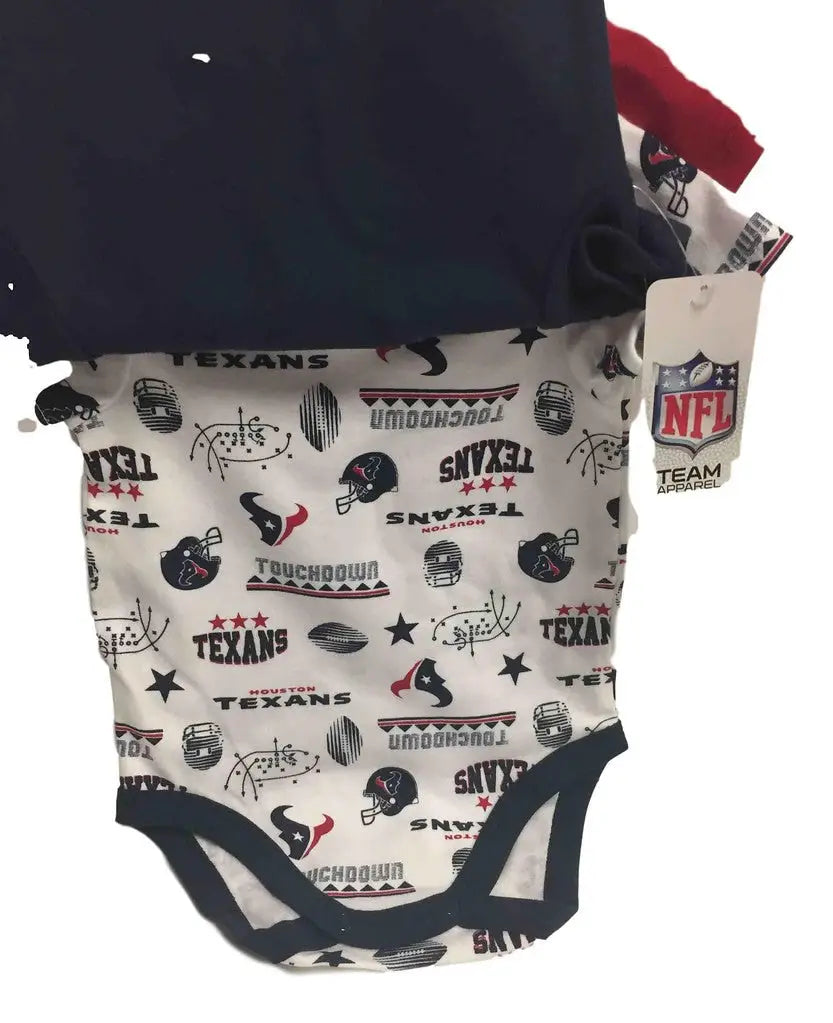 Baby onesie showcasing Houston Texans logos in NFL bodysuit set ideal for football fans