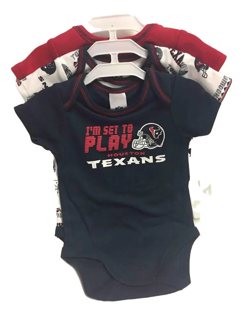 Houston Texans infant onesie with I’m set to play text and team logo for football fans