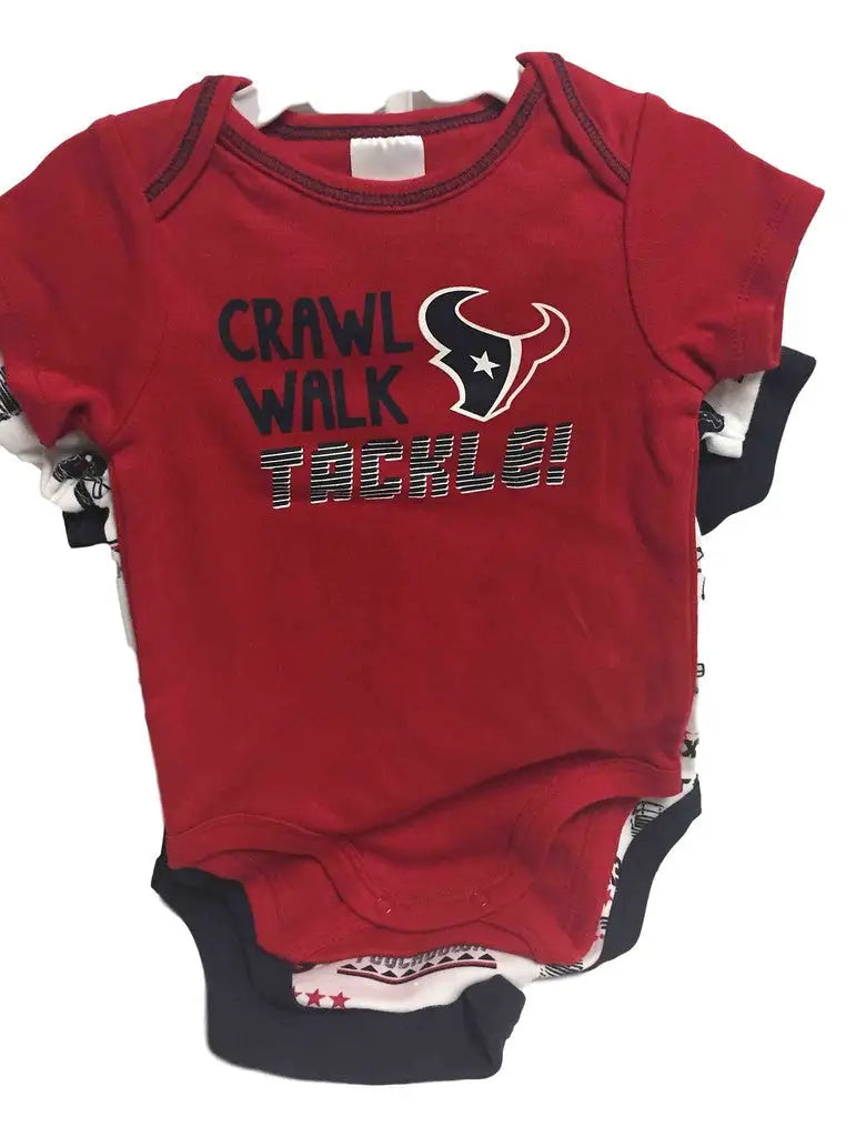 Red infant onesie with Crawl Walk Tackle text and Houston Texans logo for football fanatics