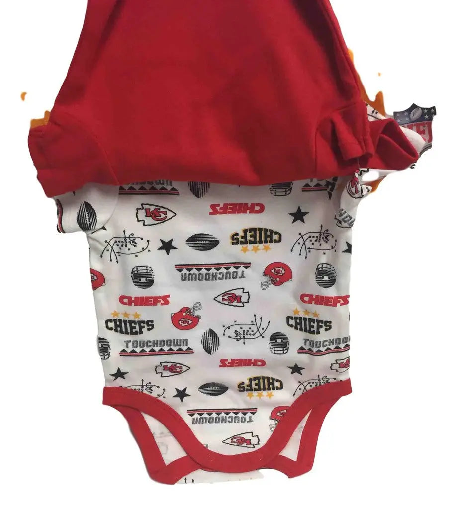 Baby onesie featuring Kansas City Chiefs logos and red trim for NFL Kansas City fans