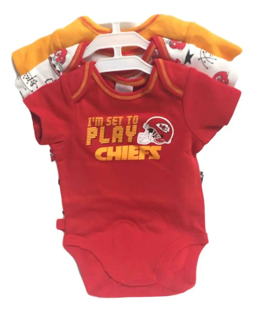 Red baby onesie with I’m set to play Chiefs text for NFL Kansas City Chiefs fans