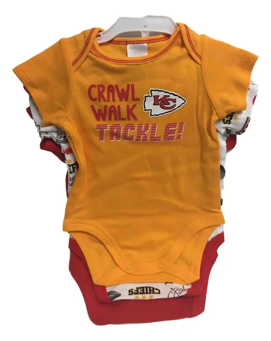 Yellow Kansas City Chiefs infant onesie with CRAWL WALK TACKLE text and logo