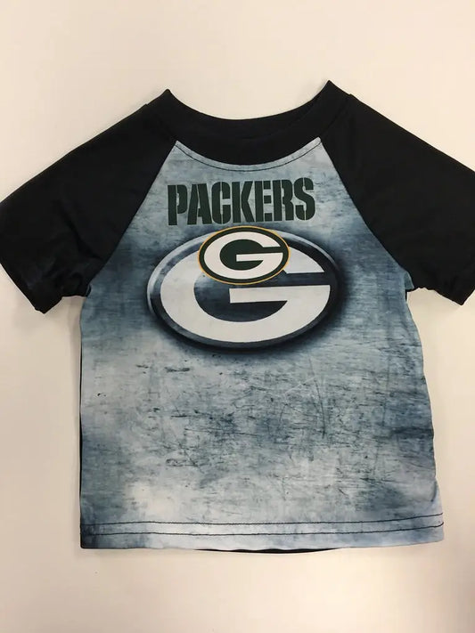 Green Bay Packers NFL Kids Short Sleeve Faded Logo Tee with raglan sleeve design