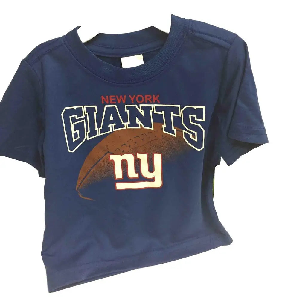 Navy blue New York Giants football logo tee for kids featuring team logo and text