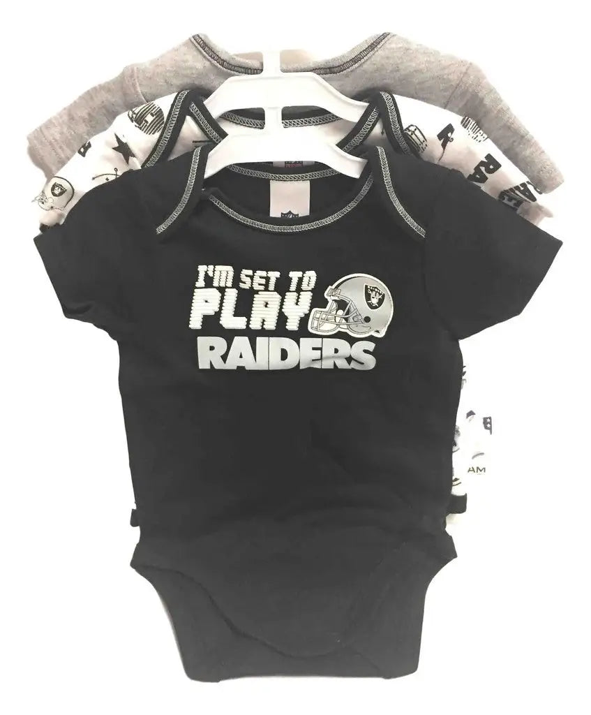 Black infant onesie with I’m set to play Raiders text and football helmet for Las Vegas Raiders fans