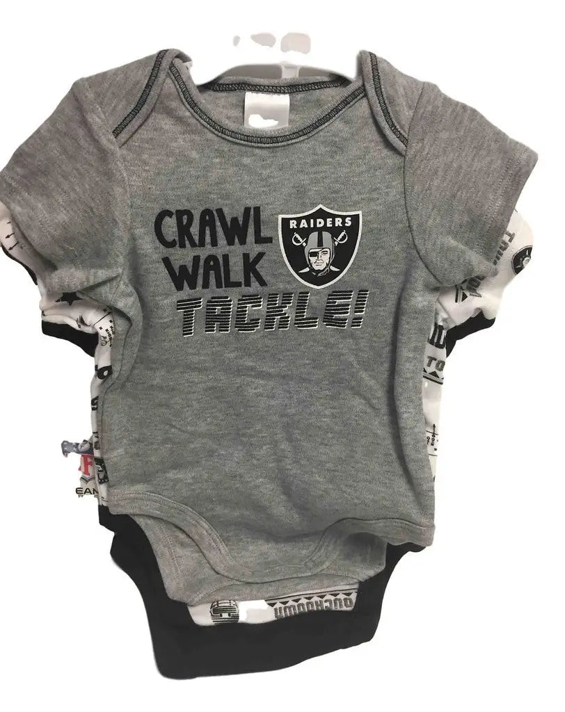 Gray Infant Onesie with CRAWL WALK TACKLE and Las Vegas Raiders Logo for NFL Fans