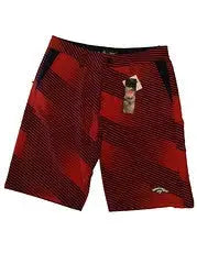 Red and black patterned NFL Mens Diagonal Stripe Walking Shorts Denver Broncos with drawstring waist