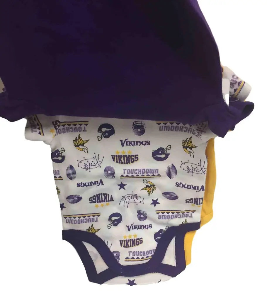 Baby onesie with Minnesota Vikings logos, perfect for NFL Minnesota fans