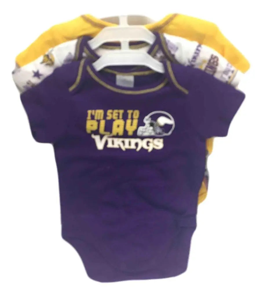 Purple and yellow NFL Minnesota Vikings onesie with I’m set to play text and logo