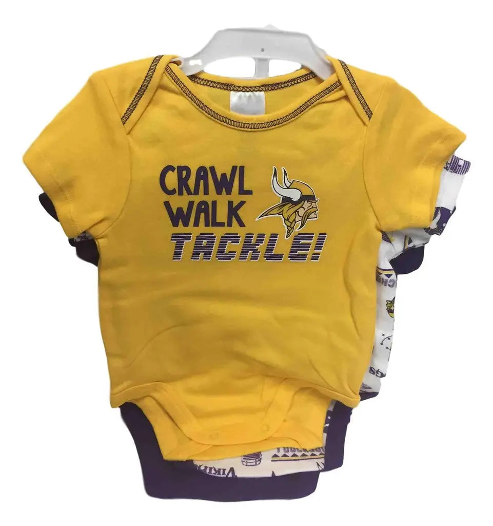 Yellow infant onesie with Crawl Walk Tackle text and Minnesota Vikings logo for NFL fans