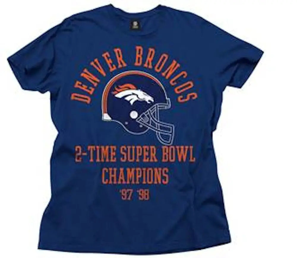 Blue NFL Multiple Super Bowl Champions Tee Shirt featuring Denver Broncos logo and text