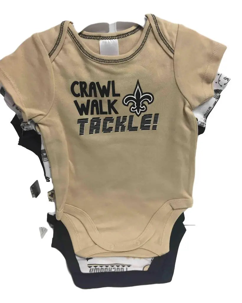 Baby onesie with New Orleans Saints logo and CRAWL WALK TACKLE text for NFL fans