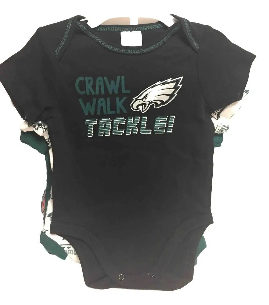 Black infant onesie with CRAWL WALK TACKLE and Philadelphia Eagles logo for NFL fans