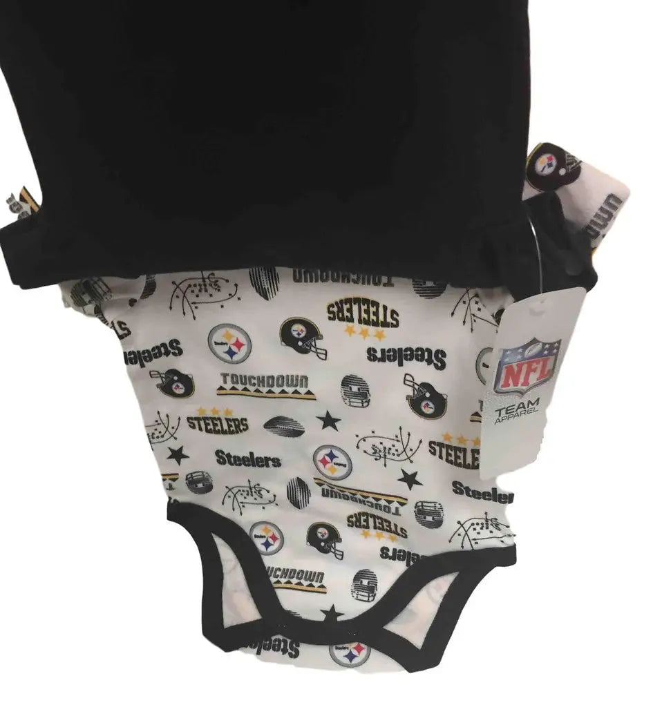 Baby onesie featuring NFL Pittsburgh Steelers logos and graphics for new fans