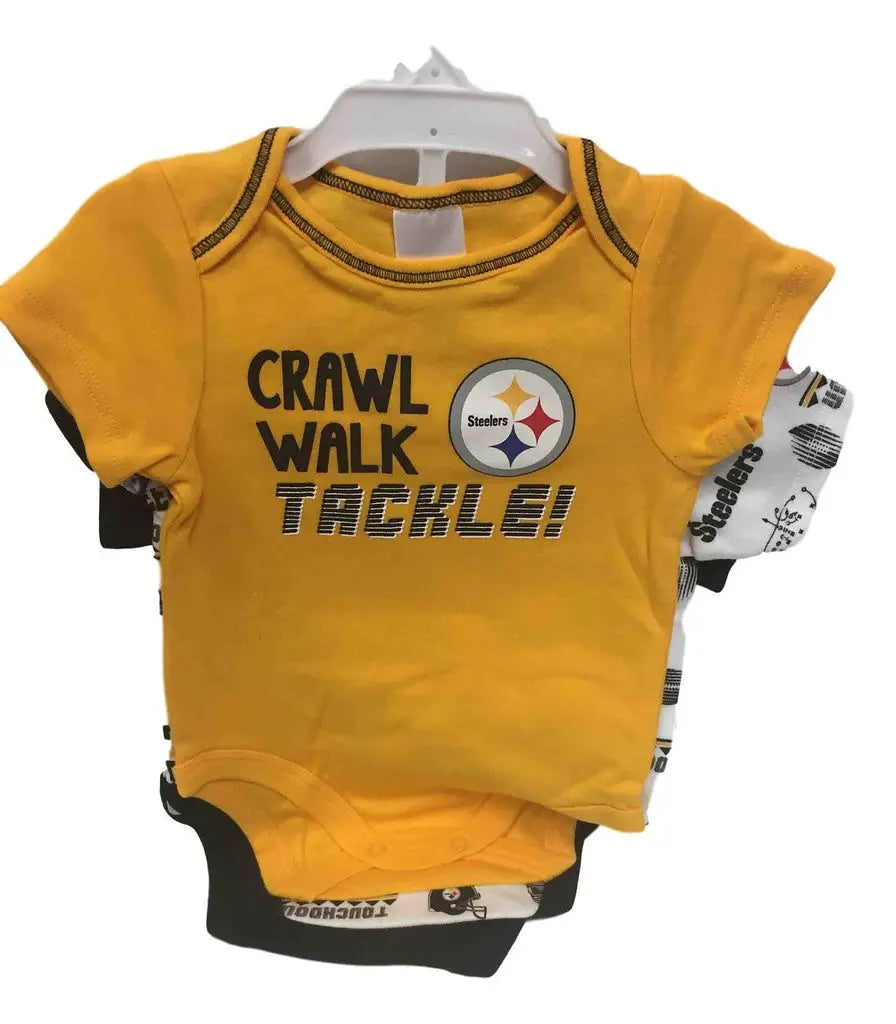 Yellow NFL Pittsburgh Steelers infant onesie with Crawl Walk Tackle text and logo