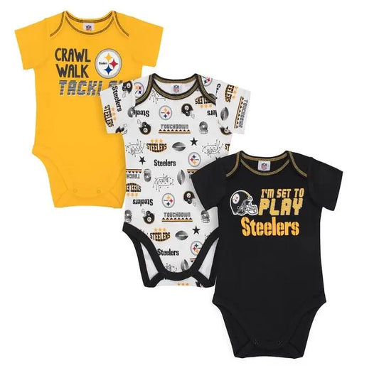 Three NFL Pittsburgh Steelers short sleeve bodysuits with team designs and slogans