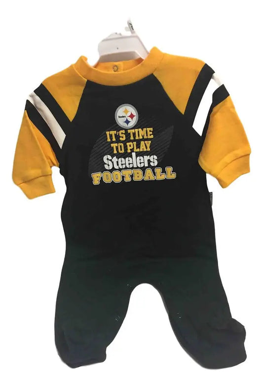 Baby onesie in NFL Pittsburgh Steelers colors and logo for ultimate fan sleepwear