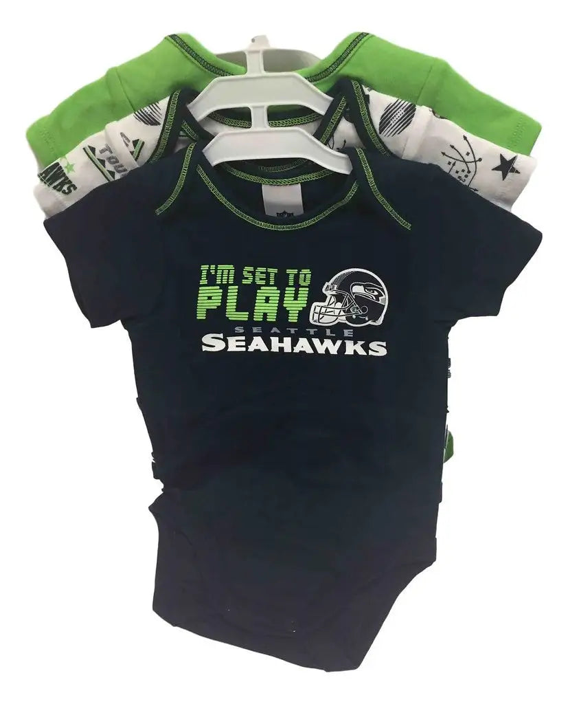 Seahawks-themed infant onesie with I’m set to play text and team logo for football fans