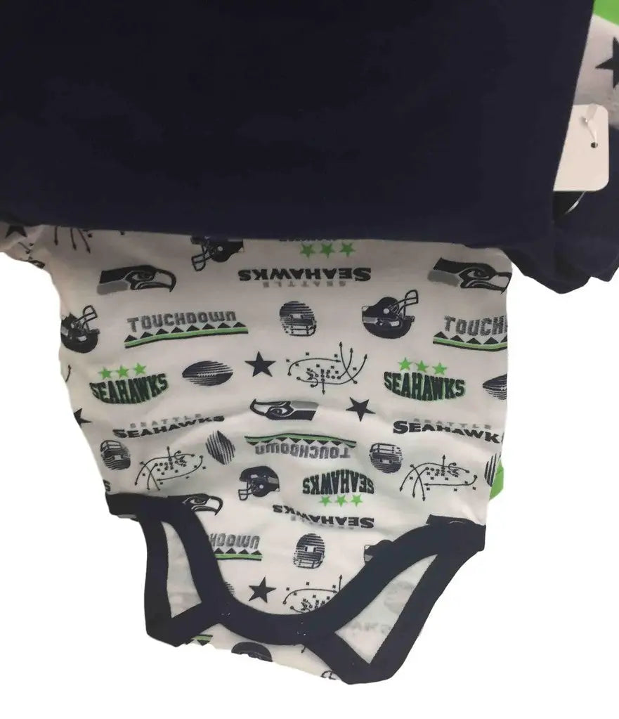 Baby onesie featuring Seattle Seahawks logos, perfect for young football fans