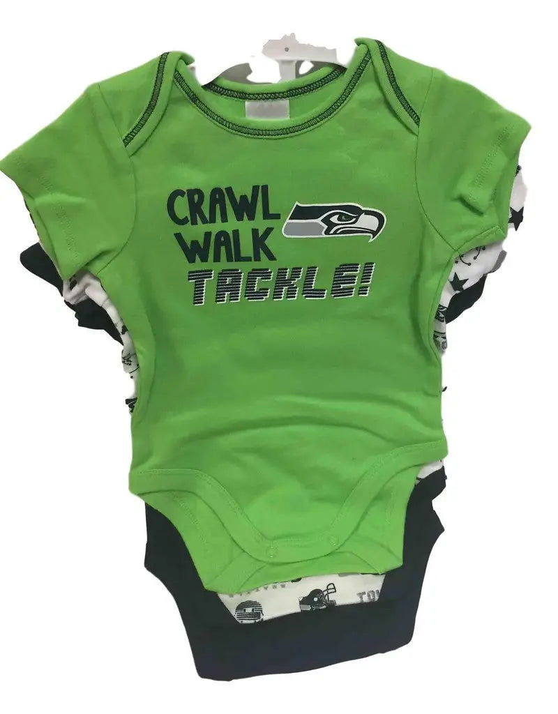 Green infant onesie with CRAWL WALK TACKLE text and Seattle Seahawks logo for football fans