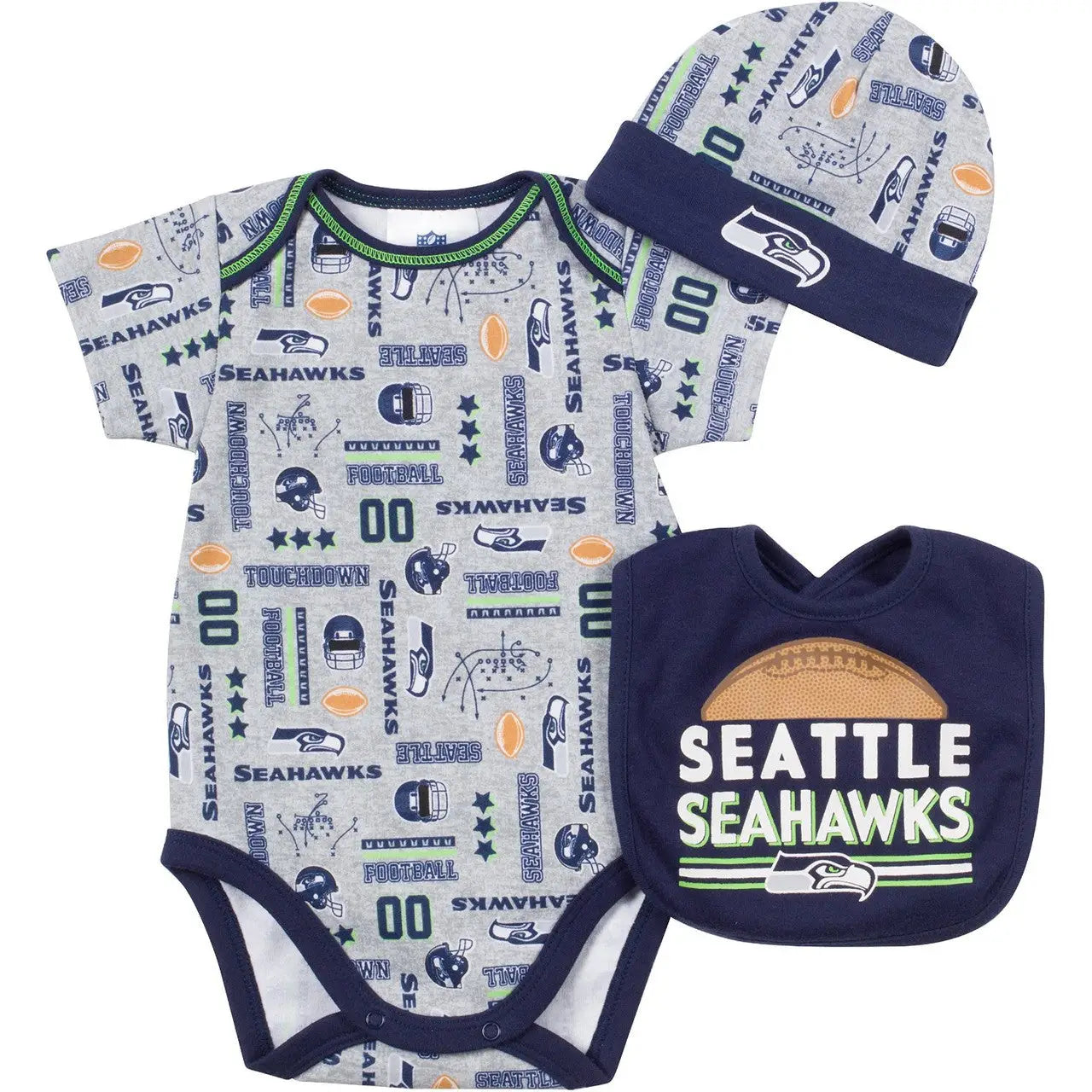 Seattle Seahawks Bodysuit, Bib & Hat Set Infant with team logos and graphics