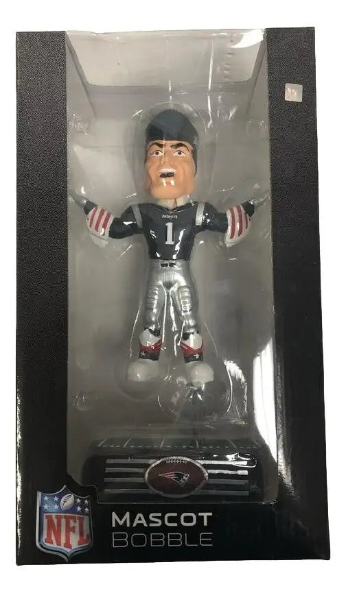 NFL mascot bobblehead figurine of New England Patriots in black and silver uniform