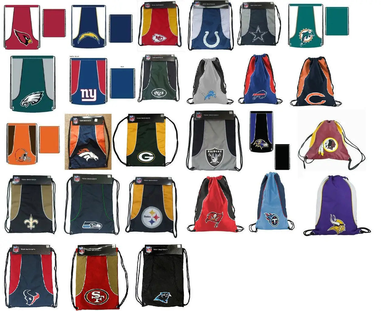 Collection of NFL team drawstring bags in vibrant colors and logos for fans