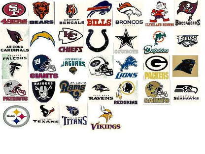 Collection of NFL team logos on static reusable decals for football card fans