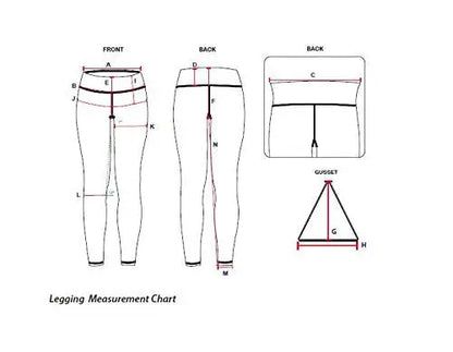 Legging measurement chart with dimensions for NFL Women’s Gradient Print Leggings Chicago Bears