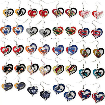 NHL swirl heart earrings featuring team logos and colors for every fan